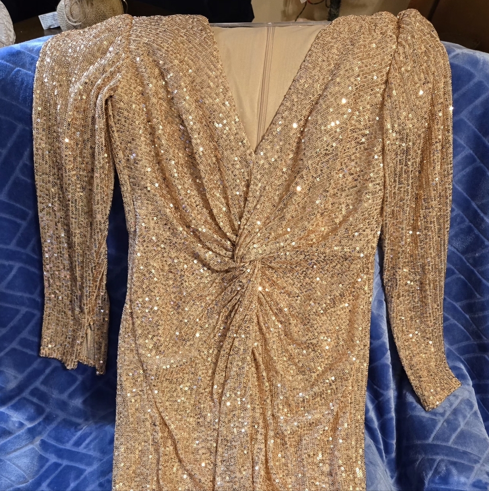 Mac Duggal Gold Sequin Long Sleeve Dress
